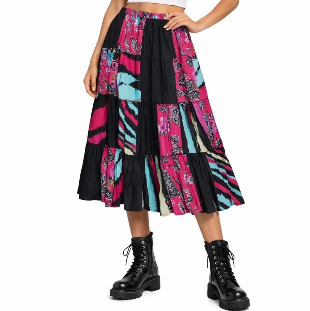Bohemian Tiered Vibrant festival Vintage Skirt XL 100% Cotton Y2k Prairie